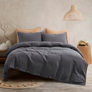 Literie 100 % lin, Parure de lit en lin, Ensembles housse de couette, Housse de couette grand lit, Ensemble housse de couette douce, Lin français naturel lavé, Naturel Dark Gray