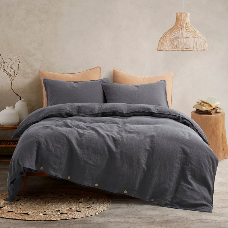100% Linen Bedding, Linen Bedding Duvet Cover Sets, Duvet Cover Queen Size, Soft Duvet Cover Set, Natural French Flax Washed, Natural Dark Gray