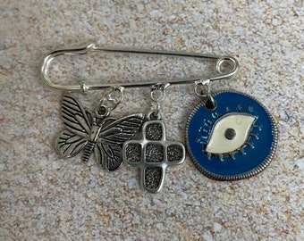 Butterfly Baby Pin- Baby Brooch- Butterfly charm- Evil Eye Pin- Protection- Cross Charm - Stroller pin