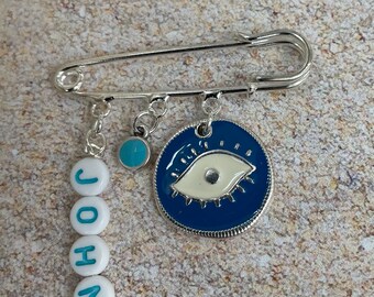 Evil Eye protection pin- Personalized baby gift - Stroller pin- Crib pin- Mati pin Newborn gift