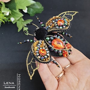 Handmade orange bug jewelry Beaded beetle pin Embroidered brooch