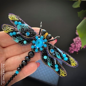 Blue dragon fly jewelry Beaded insect safety pin brooch for women