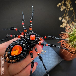 Big black spider pin brooch Handmade gothic jewelry Beaded goth accessories for women