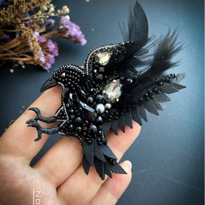 Black raven jewelry Glass beaded bird brooch Gothic crow witchy pin Handmade halloween horror gift