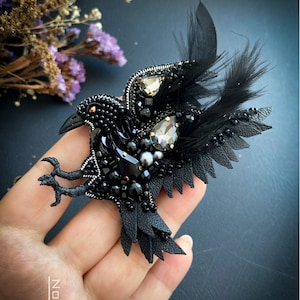 Black raven jewelry Glass beaded bird brooch Gothic crow witchy pin Handmade halloween horror gift