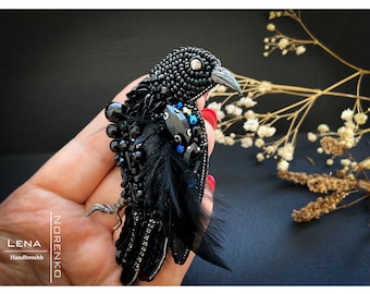 Black raven brooch Handmade beaded bird broach crow witchy Gothic jewelry Halloween gift