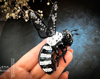 Black and white insect jewelry Handmade wasp brooch Pin broach embroidered beads 50th birthday gifts for women