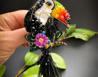 Toucan bird jewelry Handmade beaded swarovski pin broach Embroidery brooches for woman Mother's Day gift Made in Ukraine