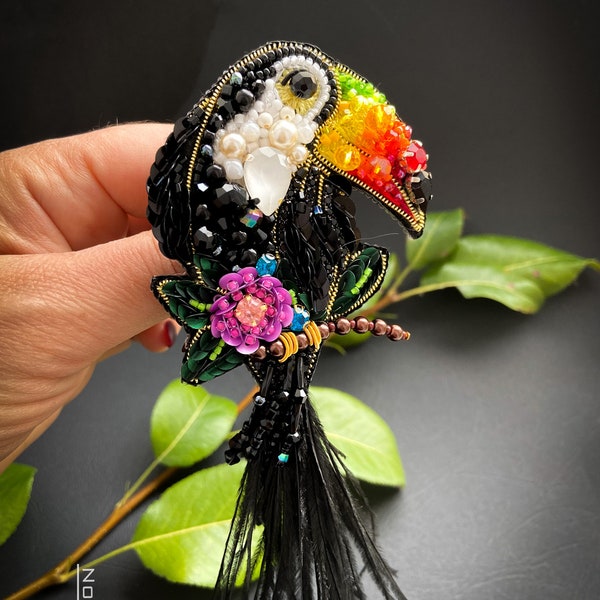 Toucan bird jewelry Handmade beaded swarovski pin broach Embroidery brooches for woman Mother's Day gift Made in Ukraine