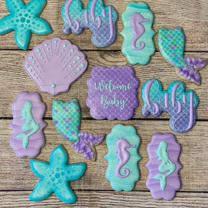 Mermaid Baby Shower Sugar Cookies/Mermaid Party/Mermaid Cookies/Mermaid Baby Shower/Sea Shell Cookies/Starfish Cookies/Mermaid Tail Cookies