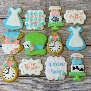 Alice in Wonderland Cookies/Alice in Onederland/Mad Hatter/White Rabbit/Pastel Wonderland/Sugar Cookies/White Rabbit/Teacups/Cheshire Cat