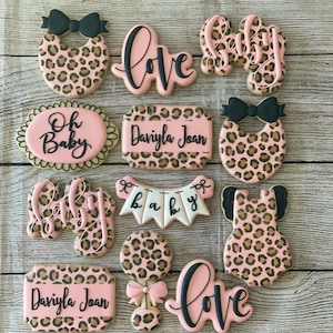 Cheetah Print Baby Shower Cookie Set/Oh Baby Cookies/Cheetah Print Cookies/Cheetah Print Bib/Cheetah Print Rattle/Baby Love Cookies/Romper