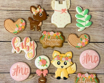 Woodland Creature Baby Shower Cookie Set/Oh Baby Shower Cookies/Baby Fox/Baby Deer/Oh Deer/Monogram Cookies/Woods/Rose Cookies/Bottle/Bib/
