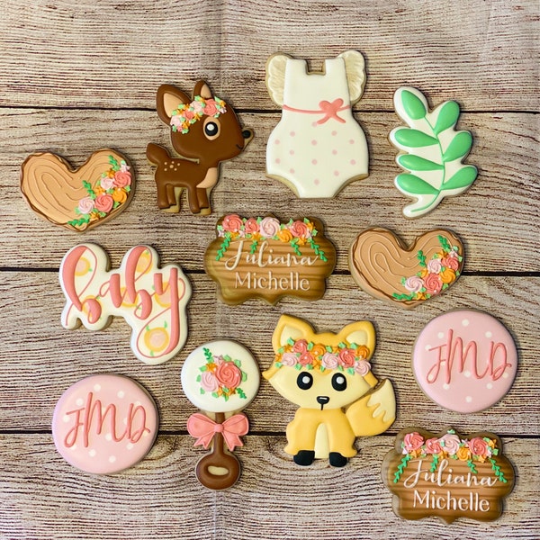 Woodland Creature Baby Shower Cookie Set/Oh Baby Shower Cookies/Baby Fox/Baby Deer/Oh Deer/Monogram Cookies/Woods/Rose Cookies/Bottle/Bib/