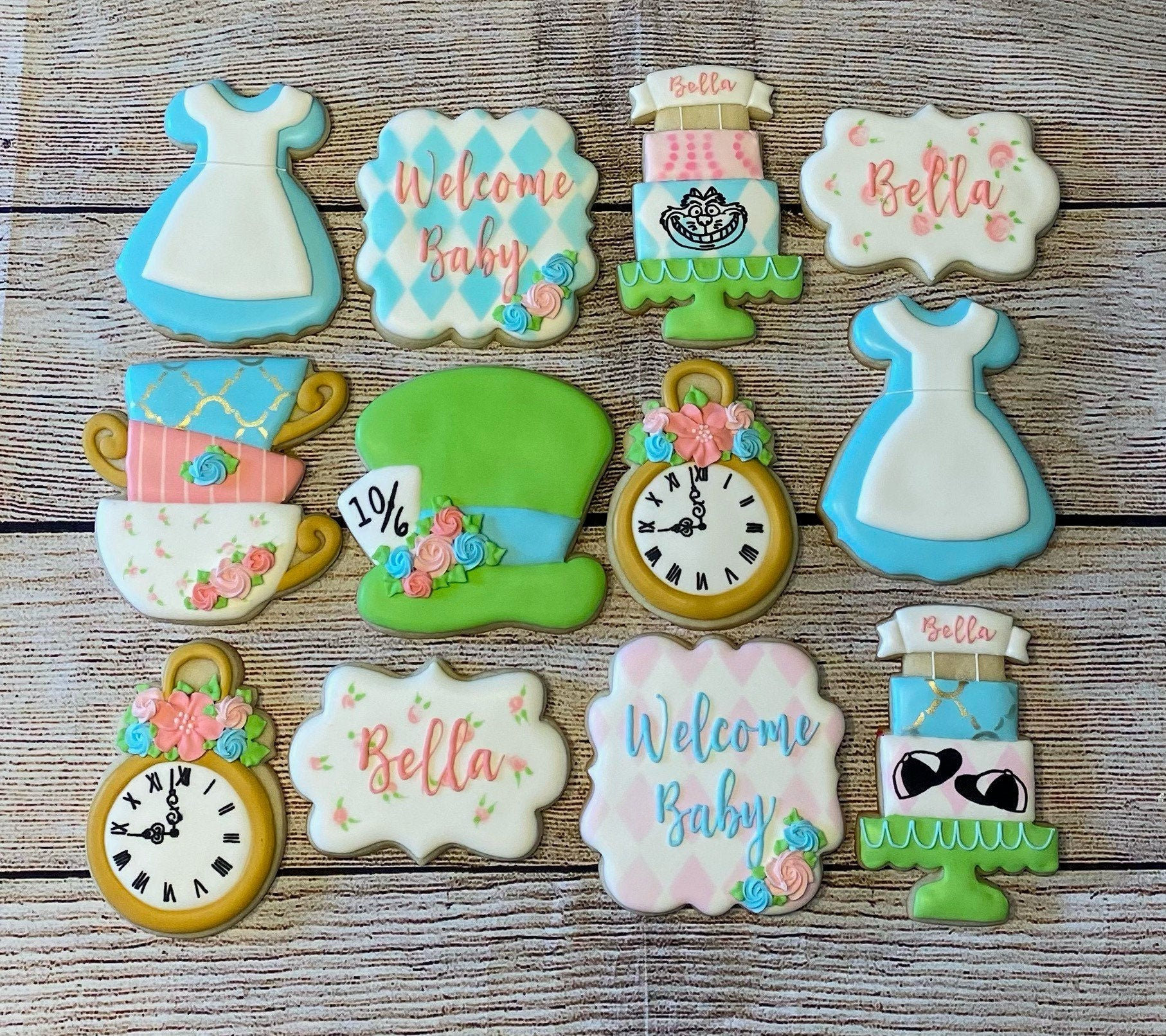 Alice in Wonderland Cookies/alice in Onederland/mad Hatter/white 