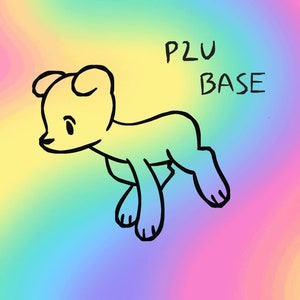 Puede incluir: Un dibujo en blanco y negro de un perro de dibujos animados sobre un fondo de arcoíris. El texto "P2U BASE" está escrito sobre el perro.
