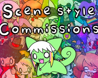 Op de afbeelding: Een kleurrijke illustratie met verschillende cartoonfiguren, met de tekst "Scene style Commissions" in grote witte letters. De personages zijn getekend in een heldere, speelse stijl en bevatten een groen kat-achtig wezen met roze haar en een roze hartketting.