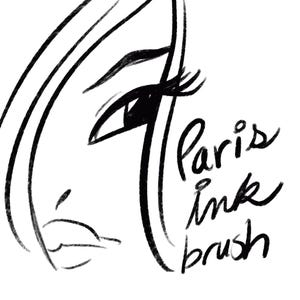 May include: Black and white line drawing of a woman's face with the text "Paris Ink Brush" below.