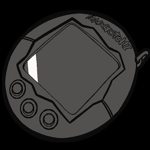 May include: A grayscale illustration of a Tamagotchi virtual pet device. The device has a dark gray body with a diamond-shaped screen, three circular buttons, and the word "Tamagotchi" printed on the top.