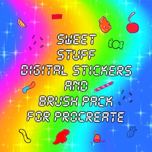 May include: A rainbow background with a digital art style. The text "SWEET STUFF DIGITAL STICKERS AND BRUSH PACK FOR PROCREATE" is in a pixelated font. There are various candy and fruit illustrations around the text.