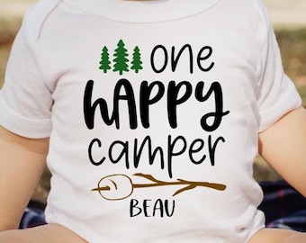 One Happy Camper 1st Birthday Outfit for Boy, Personalized Camping Birthday Shirt, Adventure First Birthday Onesie®, Woodland Smash Cake