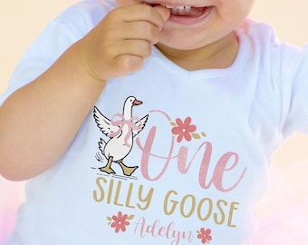 One Silly Goose First Birthday Outfit for girl, Pink Goose 1st Birthday Onesie®, Floral Smash Cake Shirt, Duck Photo Shoot, Party Theme