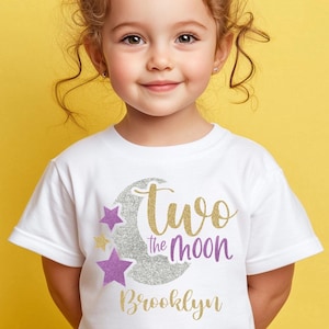 Two The Moon Shirt Second Birthday for Girl, 2nd Birthday Space T-shirt, Personalized Name Moon Second Birthday T-shirt, Space Theme Party