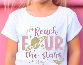 Reach Four The Stars Fourth Birthday Shirt for Girl, 4th Bday Outer Space T-shirt, Pastel Moon 4th Birthday T-shirt, Pink Space Theme Party