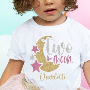 Two The Moon Shirt Second Birthday for Girl, 2nd Birthday Space T-shirt, Personalized Name Moon Second Birthday T-shirt, Space Theme Party