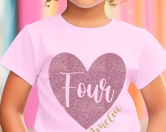 Pink Glitter Heart 4th Birthday T-shirt, Personalized Four Fourth Birthday Youth Shirt for Girl, Valentine's Day 4th Birthday Outfit
