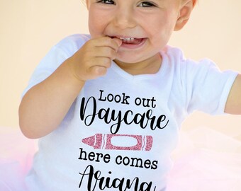 My First Day of Daycare Baby Onesie®, Personalized Lookout Daycare Here Comes Girl Name Outfit, 1st Day of School Shirt for Baby Girl