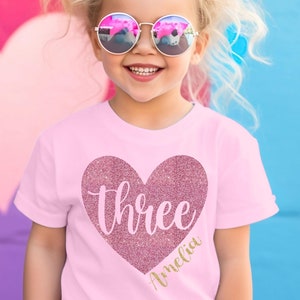 Pink Glitter Heart 3rd Birthday T-shirt, Personalized Three Third Birthday Shirt for Toddler Girl, Valentine's Day 3rd Birthday Outfit