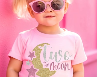 Two The Moon Shirt Second Birthday for Girl, 2nd Birthday Space T-shirt, Personalized Name Moon Second Birthday T-shirt, Space Theme Party