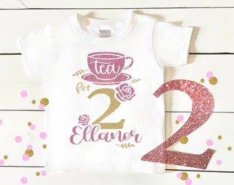 Tea For Two Shirt Second Birthday for Girl, 2nd Birthday Tea Party T-shirt, Personalized Girl Name Tea Party Theme Second Birthday Outfit