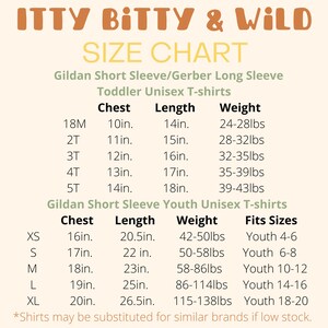 May include: A size chart for toddler and youth unisex t-shirts. The chart includes chest, length, weight, and fits sizes for Gildan short sleeve and Gerber long sleeve shirts. Measurements are in inches and pounds.