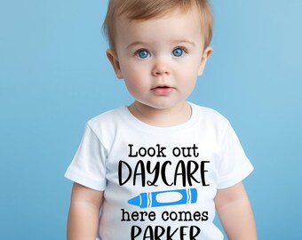 My First Day of Daycare Shirt for Boy, Personalized Lookout Daycare Here Comes Boy Name Outfit, 1st Day of School Baby Onesie®
