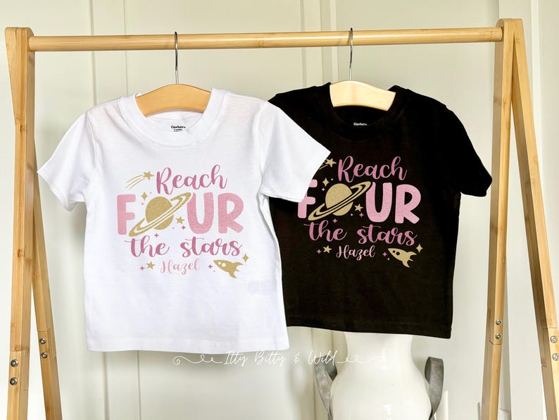 Reach Four the Stars Space Theme 4th birthday shirt for girl