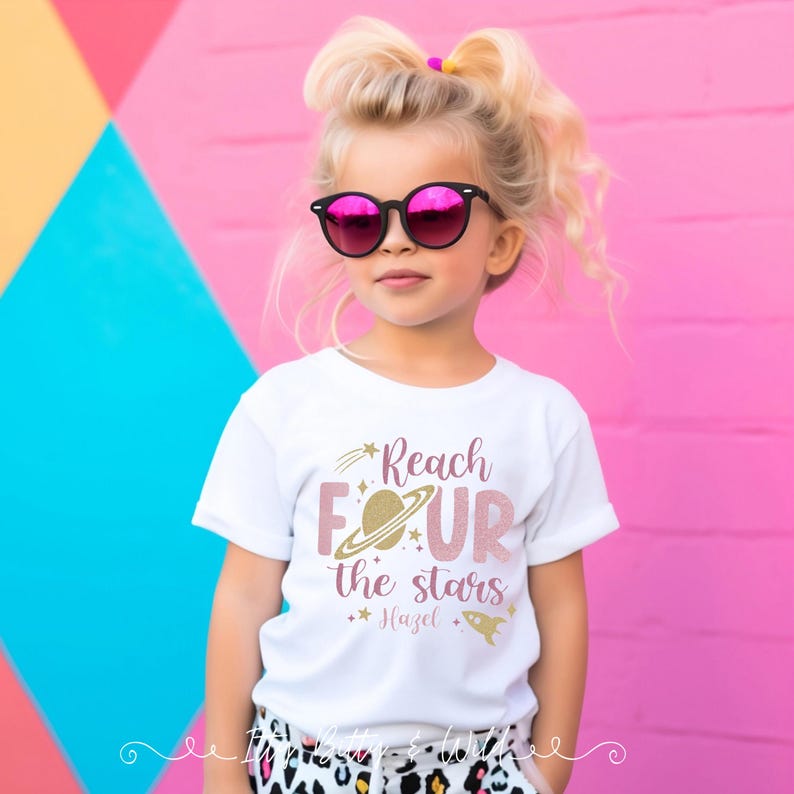 Reach Four the Stars Space Theme 4th birthday shirt for girl