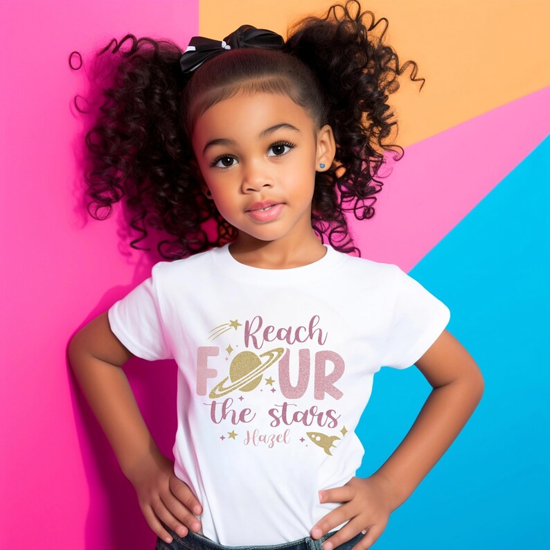 Reach Four the Stars Space Theme 4th birthday shirt for girl