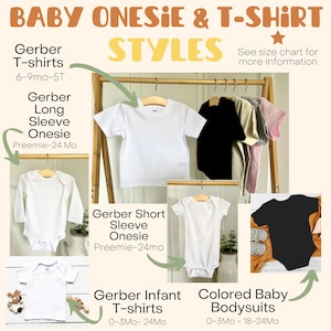 May include: A graphic showing different styles of Gerber baby onesies and t-shirts. The graphic includes a white short-sleeve t-shirt, a white long-sleeve onesie, a white short-sleeve onesie, a black short-sleeve onesie, and a white short-sleeve t-shirt. The graphic also includes the text "Gerber T-shirts 6-9mo-5T", "Gerber Long Sleeve Onesie Preemie-24 Mo", "Gerber Short Sleeve Onesie Preemie-24mo", "Gerber Infant T-shirts 0-3Mo-24Mo", and "Colored Baby Bodysuits 0-3Mo-18-24Mo".