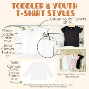 May include: Image showcasing toddler and youth t-shirt styles. Includes Gildan and Bella Canvas t-shirts in various sizes, including long-sleeve options. The image features a variety of colors and styles, with text indicating size ranges and brand information.