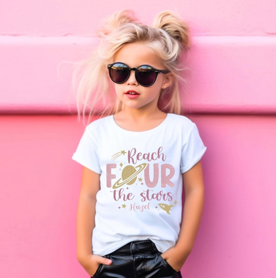 Reach Four The Stars Fourth Birthday Shirt for Girl, 4th Bday Outer Space T-shirt, Pastel Moon 4th Birthday T-shirt, Pink Space Theme Party