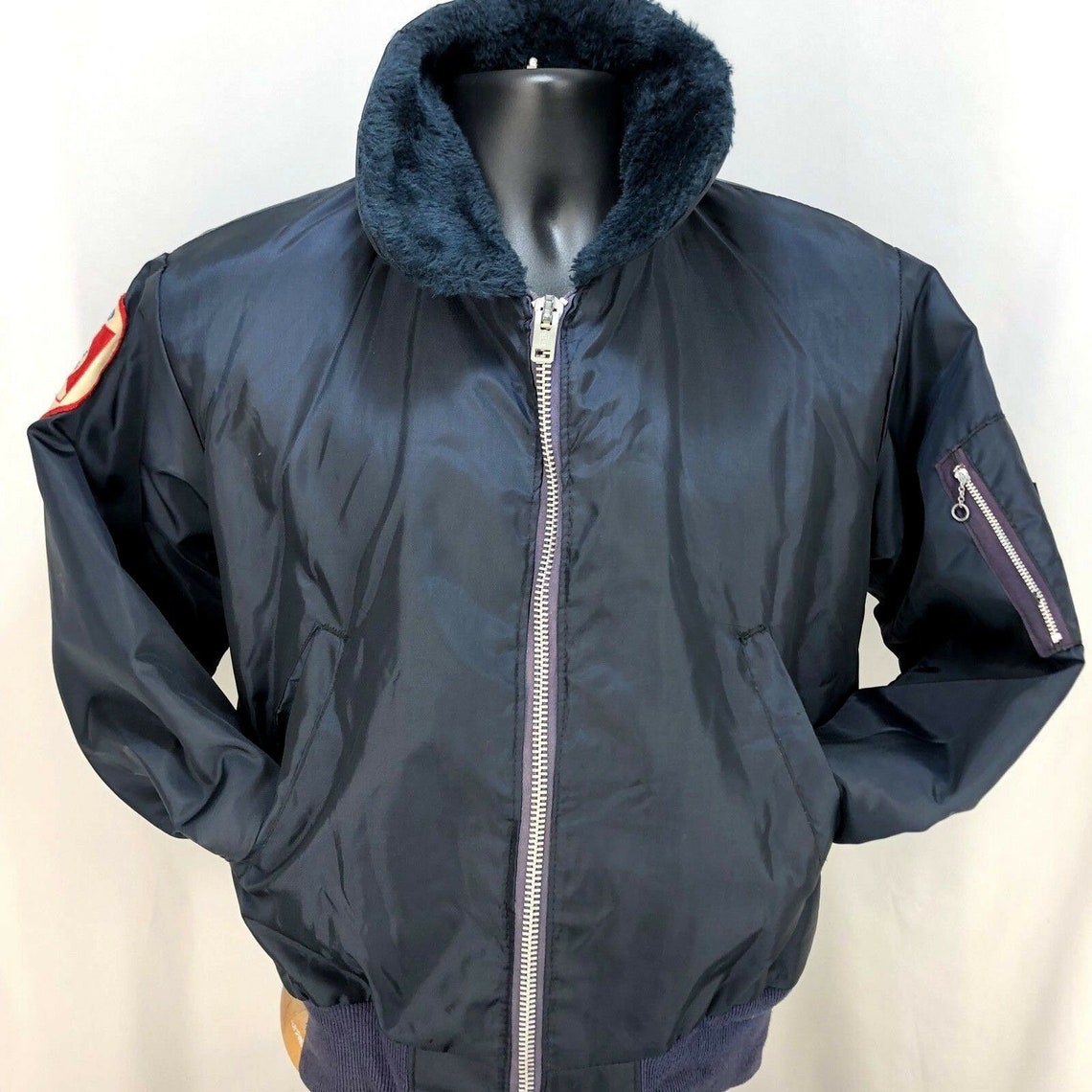 Vintage Navy Blue Flight Jacket Small USA Made Bright Orange Etsy