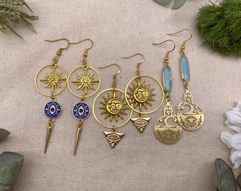 Jewellery Jewellery Sets Gold Sun Gift For Witch Solar Choker Witch Jewellery Dangle Earrings Sun Witch Gift Set: Lined Notebook Celestial Dangle Earrings 