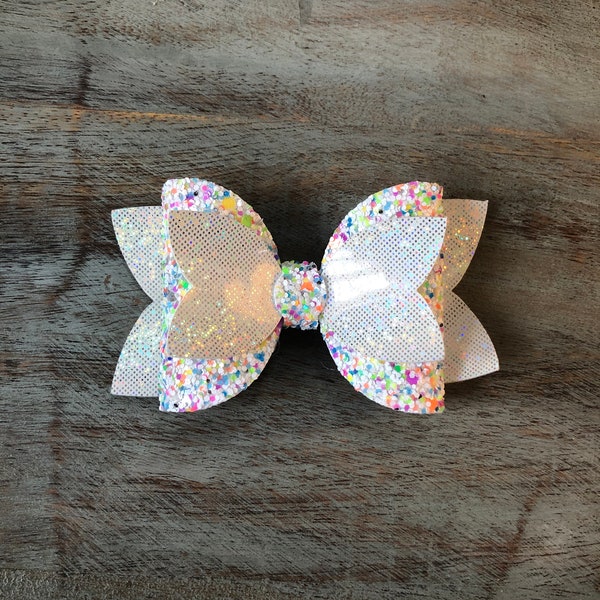 Color sprinkle Party Bow, White iridescent glitter bow, Colorful bow for girls, Birthday bow, Special occasion bow
