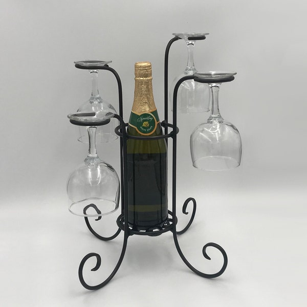 Tabletop Wine Bottle & Glass Stand Rack Caddy Holder Black Metal Wrought Iron Centerpiece Barware Display Amish Handmade in USA