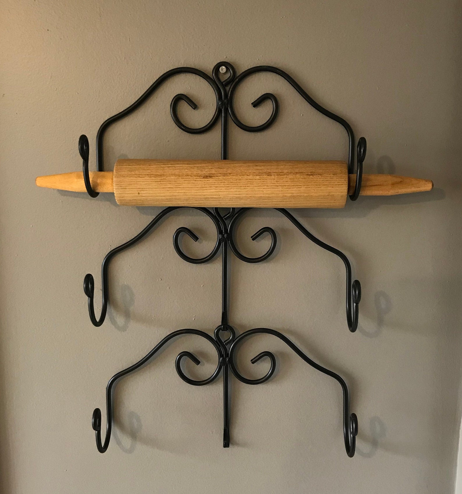 Wrought Iron Rolling Pin Holder Black Wall Dough Roller Holder Etsy