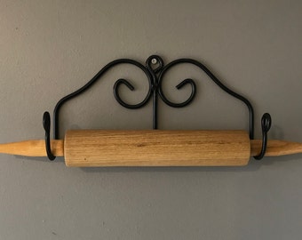 Wrought Iron Rolling Pin Holder Black Wall Dough Roller Holder _Vintage Farmhouse Antique Primitive Style_Handmade by Amish in USA