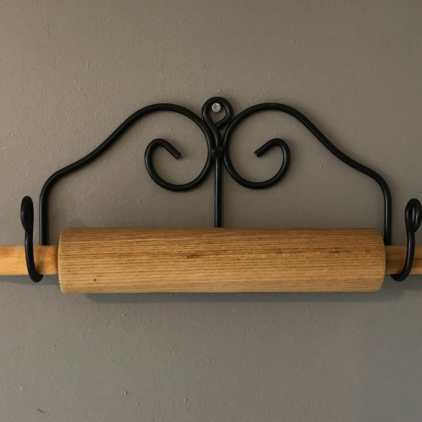 Wrought Iron Rolling Pin Holder Black Wall Dough Roller Holder _Vintage Farmhouse Antique Primitive Style_Handmade by Amish in USA