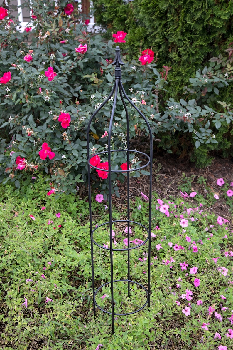 Round Obelisk Garden Trellis Wrought Iron Black Metal Etsy Ireland